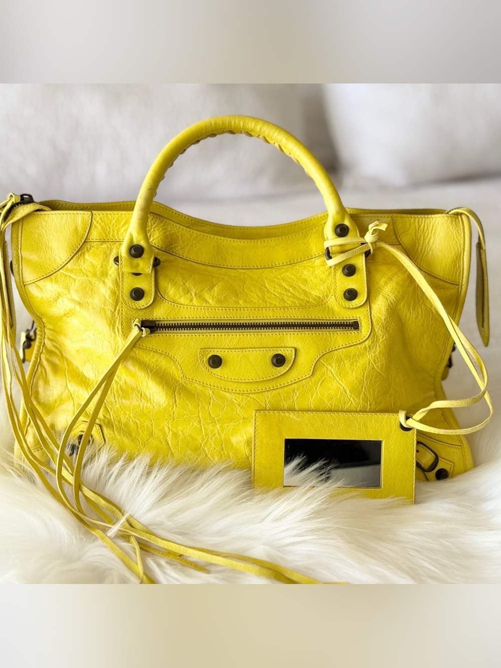 BALENCIAGA CITY BAG ULTRA RARE BOUTON D’OR CHEVRE LEATHER 2008 w/ MIRROR & STRAP